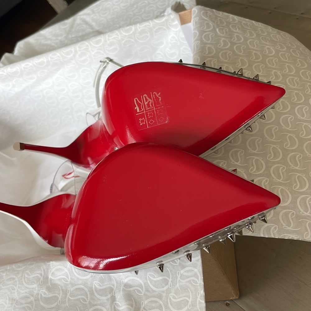 Christian Louboutin spikoo white patent spike stiletto pvc 100mm sz 36.5 - Picture 10 of 12